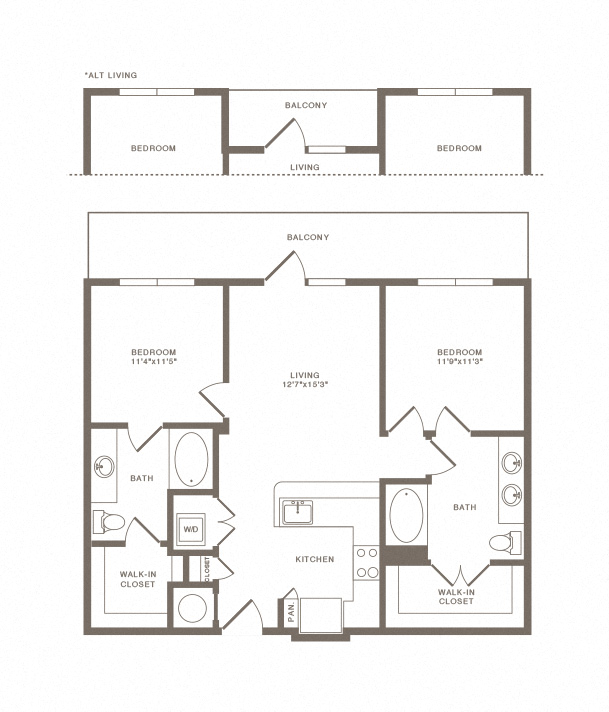 Floor plan for 2 beds, 2 baths, 1113 sqft